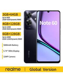 Realme Note 60 Global Unlocked Smartphone With ​Unisoc T612 Octa-Core Chip6.74" 90Hz HD+ Eye Comfort Display,5000mAh Long-Lasting Battery, 32MP Super Clear Camera&IP64 Dust/Water Resistance,3GB+64GB/4GB+128GB/6GB+128GB(Black/Blue)