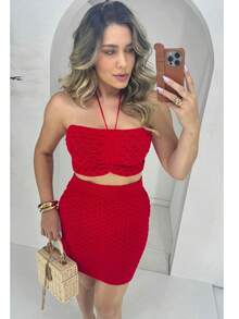 Conjunto Tricot Feminino Modal Escama Top Versatil Amarracao E Saia Curta Para Praia Passeio Verão Tamanho Unico Elastico. - Vermelho - Visão 4