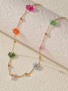 1pc Stainless Steel Colorful Daisy Flower Beaded Necklace - Elegant Vintage Style Delicate Chain With Multi-Color Floral Accents, Mother's Day Gift For Women, Everyday & Holiday Jewelry, Versatile Gold-Plated Flower Necklace (Bead Color Random) - Multicolor - View 5