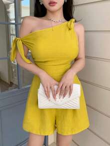 abyoxi 女士黄色性感不对称领单肩系腰极简连体裤，休闲通勤、海滩度假、日常穿着，春夏短款连体裤 - 芥末黃 - 查看 5