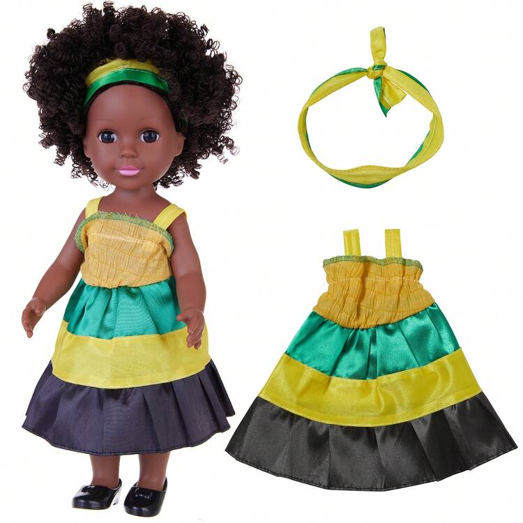 14 tums svart babydocka med afrohår, mjuk vinyldocka för barn, kommer med utbytbara kläder och napp, 1 år gamla leksaker, barby, småbarnsdocka - Multifärgad - Visa 5