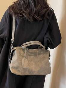 New Vintage PU Leather Women Handbag, Fashion Zipper Shoulder Bag With Detachable Strap, Women Work Travel 2-In-1 Bag, Gray, Black, Green - Khaki - View 7