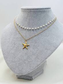 1 件简约不锈钢金色海星吊坠项链，配人造珍珠，适合女性，春夏季 - 金色珍珠海星 - 查看 2