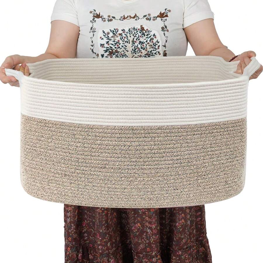 Inwagui Laundry Basket Large Woven Blanket Basket, Clothes Laundry Hamper 19" X 13.4" X 11" Storage Baskets For Organizing, Rectangle Rope Toy Basket For Living Room, Bedroom, Valentine's Day Basket