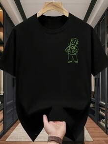 Fallout Vault Boy Graphic Tee , Men's Double-Sided Printed Fashionable Casual Crew Neck 220gsm Pure Cotton T-Shirt(1 PC) - 黑色 - 查看 2