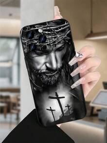 Sacred Jesus Portrait - Crown Of Thorns Creative Phone Case - Premium TPU Cover - Shockproof Anti-Slip Protection - For IPhone 16 Pro Max 15 Pro Max 14 Pro Max (Christian Faith Accessory Fashionable Phone Cases) - Black/White Religious Art With Crosses Design - Protectores De Celulares Phone Accessories - Anti-Fingerprint Clear Case - 黑色 - 查看 1
