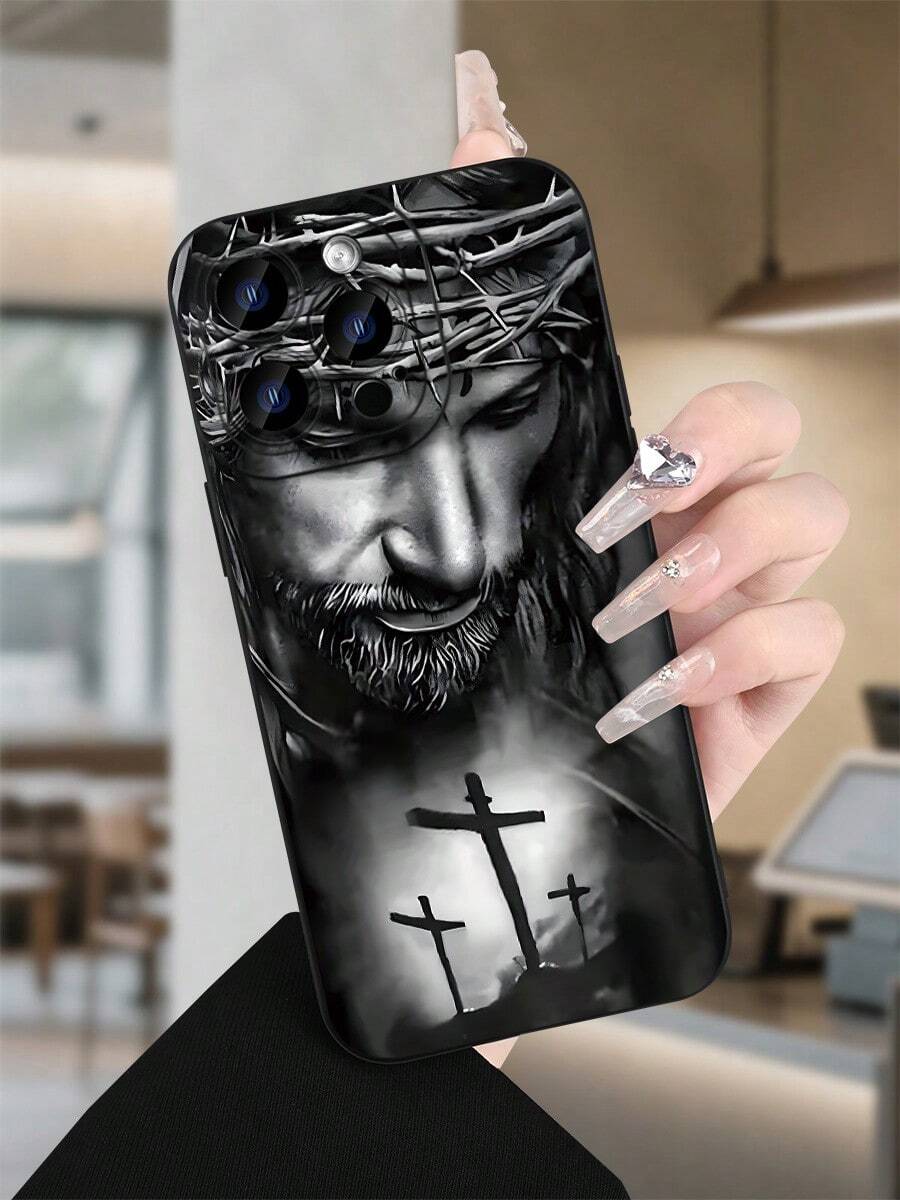Sacred Jesus Portrait - Crown Of Thorns Creative Phone Case - Premium TPU Cover - Shockproof Anti-Slip Protection - For IPhone 16 Pro Max 15 Pro Max 14 Pro Max (Christian Faith Accessory Fashionable Phone Cases) - Black/White Religious Art With Crosses Design - Protectores De Celulares Phone Accessories - Anti-Fingerprint Clear Case - 黑色 - 查看 1