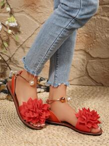 全新加大码女式舒适简约圆头莲花装饰金属珠平底拖鞋凉鞋，休闲时尚户外度假沙滩夏季鞋 - 橘紅色 - 查看 5