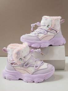 Girls' Asymmetrical Print Snow Boots, Fashion Short Boots For Winter, New Kids High-Top Thick Warm Waterproof Outdoor Snow Shoes, Big Children Girls Leather Boots