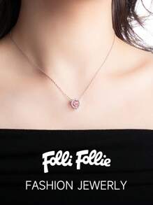 Folli Follie Necklace For Women Heart-Shaped Pendant Necklace With Moissanite Diamond On Chain, Cute Pink Crystal Heart Pendant Adjustable Charm Chain Necklace Jewelry Gifts For Women