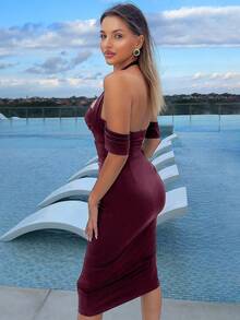 CurvySweet Elegant Fashion Classic Halter Three-Layer Folded Sleeve Chest Pleated Slim Fit High Elastic Midi Burgundy Business Casual Dress With Build-In Bra,Wedding Guest Dress,Evening Party Dress,For Date,Festival ,Graduation Season,Vacation,Daily Commute,Christmas