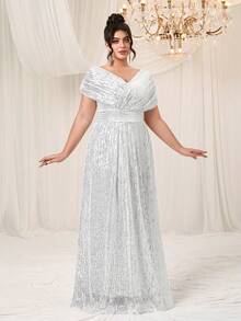 YISIKADO 大码女式亮片V领披肩短袖派对晚礼服 - 白色 - 查看 3