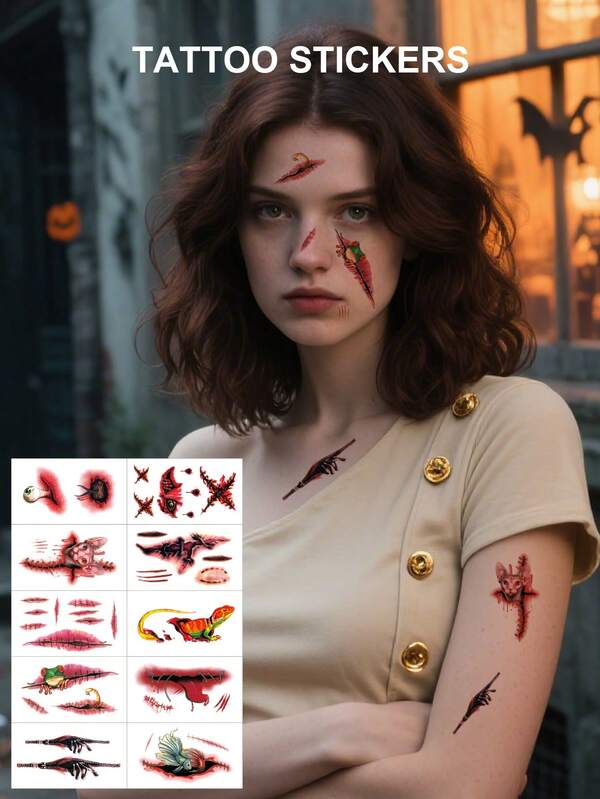 10pcs/Set 2025 New Waterproof Halloween Temporary Tattoo Stickers, Professional Animal Design Tattoo Set For Women Party, Suitable For Singles Party