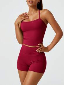 NcmRyu Women's Halter Backless Yoga Top & Booty Shorts Activewear Set, Seamless Yoga Outfit