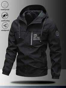 1pc Men's Lightweight Windproof Waterproof Hooded Jacket With Letter Print, Suitable For Casual Outdoor Hiking Camping Workout, Autumn/Winter