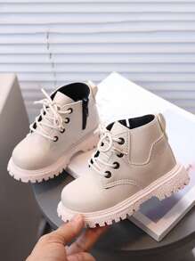 男女通用婴儿时尚靴子，休闲百搭橡胶软底系带侧拉链户外低帮踝靴 - 米色 - 查看 1