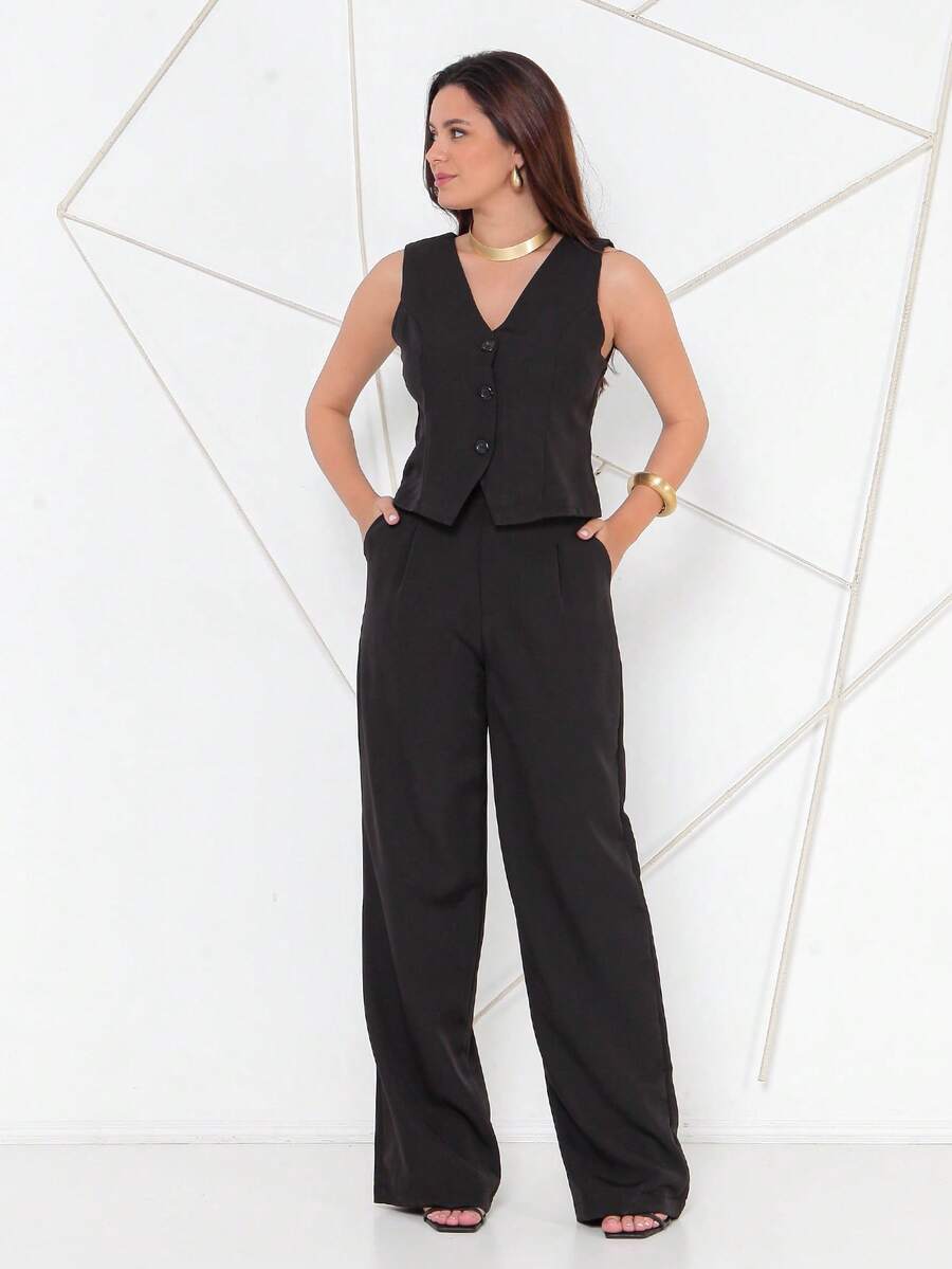 Women's Vest And Tailored Trousers Set - màu đen - Xem 1