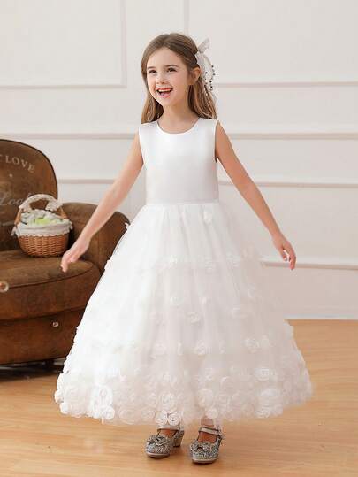 Girls' White High-End Formal Dress, Birthday Party Wedding Flower Girl Dress, Floral Tulle Skirt
