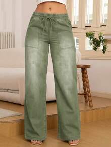 8433# Women's Fashion Versatile Denim Jeans With Back Pockets & Drawstring Elastic Waist, Straight Leg Wide Leg - Army Green - View 3