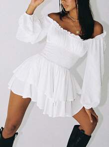 White Flowy Pirate Dress Halloween Fairy Costume Women Girls Y2k Long Sleeve Ruffle Off Shoulder Corset Mini Romper Dress Babydoll Casual Shorts Jumpsuit Cute Preppy Country Concert Cowgirl Outfits Halloween Cosplay Party Dresses - White - View 8