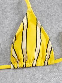 全新性感欧美风格女式吊带条纹上衣和系带泳衣下装和短裤三件套比基尼泳装套装 - 黃色 - 查看 8