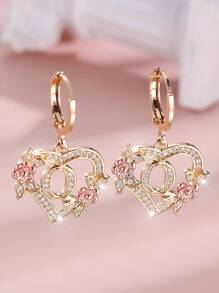 1 对心形首字母方晶锆石环形耳环，适合女士少女，精美心形雕刻 26 个字母 A-Z 和个性化名字花朵耳环，适合日常情人节珠宝生日礼物、妈妈、母亲、母亲节、礼物 - 花心形字母 - 查看 41