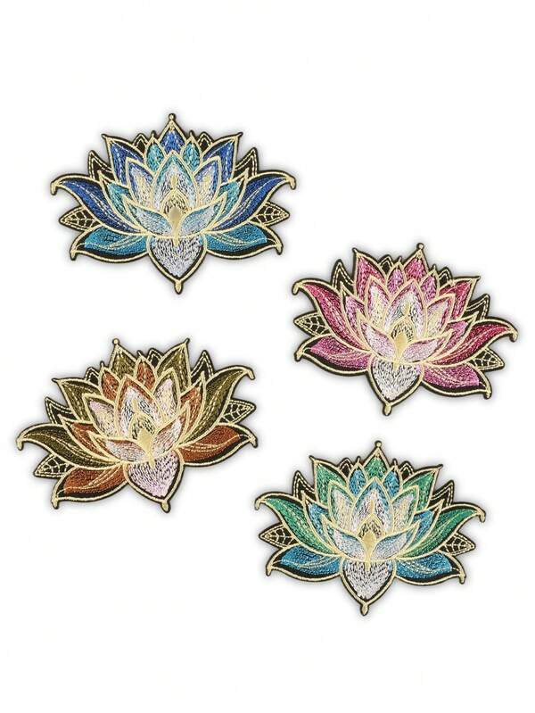 2pcs/4pcs Elegant Multi-Color Lotus Flower Embroidered Patches, Fashion Versatile Polyester Ironing/Sewing-On Appliques For DIY Crafts On Clothing, Bags, Shoes, Curtains, Home Decor