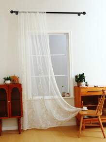 1pc White Leaf Embroidery Sheer Curtain, Romantic And Luxurios Style Polyester Fiber Fabric, Suitable For Living Room, Bedroom, Window And Door Decoration