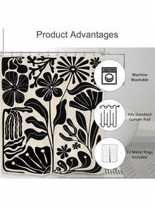 Black Matisse Flower Shower Curtain, Vintage Abstract Floral Leaves Aesthetic Retro Art 70s Modern Bathroom Set Accessories Decor With Hooks - Matisse Đen - Xem 4