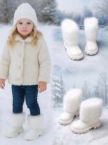 1 Pair White Princess Mid-Calf Boots For Girls, Fashion Zipper Design, Anti-Slip Rubber Soft Bottom, Warm Fur Collar, Soft PU, Thick Sole, Elevated, Suitable For Performance, Skiing, Snowball Fighting, Infant & Toddler Girls, Winter 2025 New Arrival - White - View 2