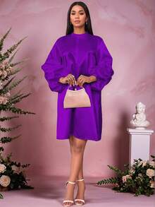 Elegant Short Dress With A Small Stand-Up Collar, Pleated Sleeves, Loose, Comfortable Fit,Outfit For Date,Party,Wedding Dress,Bridesmaid Dress,Graduation Dress,Wedding Guest - Violet Purple - View 1