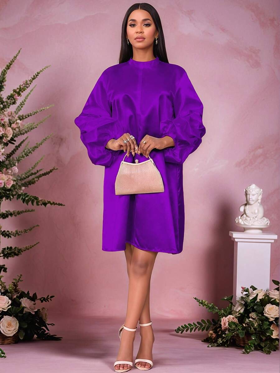 Elegant Short Dress With A Small Stand-Up Collar, Pleated Sleeves, Loose, Comfortable Fit,Outfit For Date,Party,Wedding Dress,Bridesmaid Dress,Graduation Dress,Wedding Guest - Violet Purple - View 1