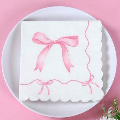 16pcs White Background Bow Lace Disposable Paper Napkins, Suitable For Baby Shower Parties, Elegant Pink Bow Pattern, Can Be Used For Gender Reveal Party Table Decor, Baby Birthday Party Decorations, One-Year-Old Birthday Party Pink Bow Pattern Disposable Decorative Napkins, Party Table Center Decor Napkins, Baby Shower Decorations, Baby Shower Favors, Gender Reveal Party Decorations