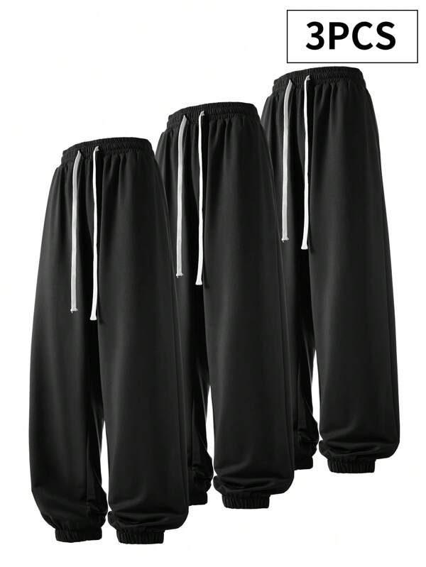 Set de 3 pantalones de chándal casuales para tallas grandes, pantalones deportivos largos sueltos de unicolor con cordón en la cintura