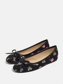 Women's Bow Tie Flat Round Toe Low Heel Embroidered Floral Slip-On Fashion Versatile Ballet Flats, Suitable For Autumn/Winter And Christmas - 黑色 - 查看 6