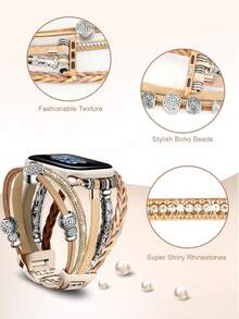 1件裝奢華玫瑰金人造皮革錶帶，相容 41mm、40mm、38mm、45mm、44mm、42mm、49mm，女款波希米亞風多層纏繞手鍊錶帶，適用於 Series Ultra 10、9、8、7、6、5、4、3、2、1、SE - 玫瑰金 - 查看 3