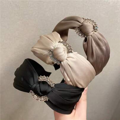1pc New Solid Color Fabric Rhinestone Headband, Knotted Wide-Brimmed Minimalist Daily Korean Style Elegant Hair Clip For Women Beauty Home Hair Accessories Hairband Hair Hoop,Summer,Holiday,Travel