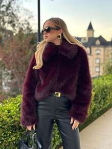 Camellia New Autumn/Winter Women's Fashion Casual Minimalist Faux Fur Effect Jacket - Burgundy - View 6