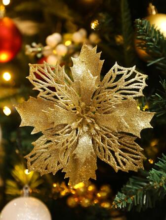 2pcs/6pcs/10pcs Glitter Poinsettia Flowers, Multi-Color Artificial Poinsettia For Christmas Tree, Wreaths And Holiday Decorations (With Clips), Christmas