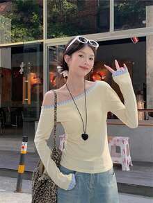 不对称肩长袖 T 恤，性感设计，修身剪裁，不对称下摆女式上衣 - 黃色 - 查看 9