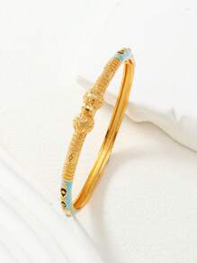 1pc Luxurious Style Copper Drop Oil Light Blue Fine Circle Pattern Bow Knot Decorated Open Bangle Bracelet For Women, Suitable For Dubai Wedding Valentines,Mom,Mother,Mother's Day,Gift