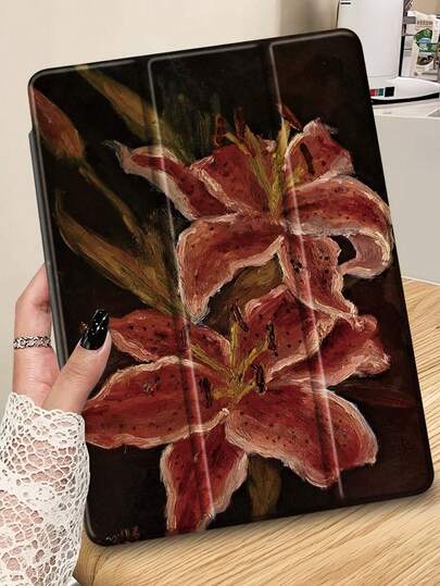 Ayotu Lotus Flower Oil Painting Pattern IPad Case, Compatible With Ipad 10.2" (2021/2020, 9th/8th Gen), Galaxy Tab A8 10.5" (2022), With Pencil Slot, Compatible With Kindle Paperwhite 12th Gen (2024), Auto Sleep/Wake Function, Fashionable Protective Cover