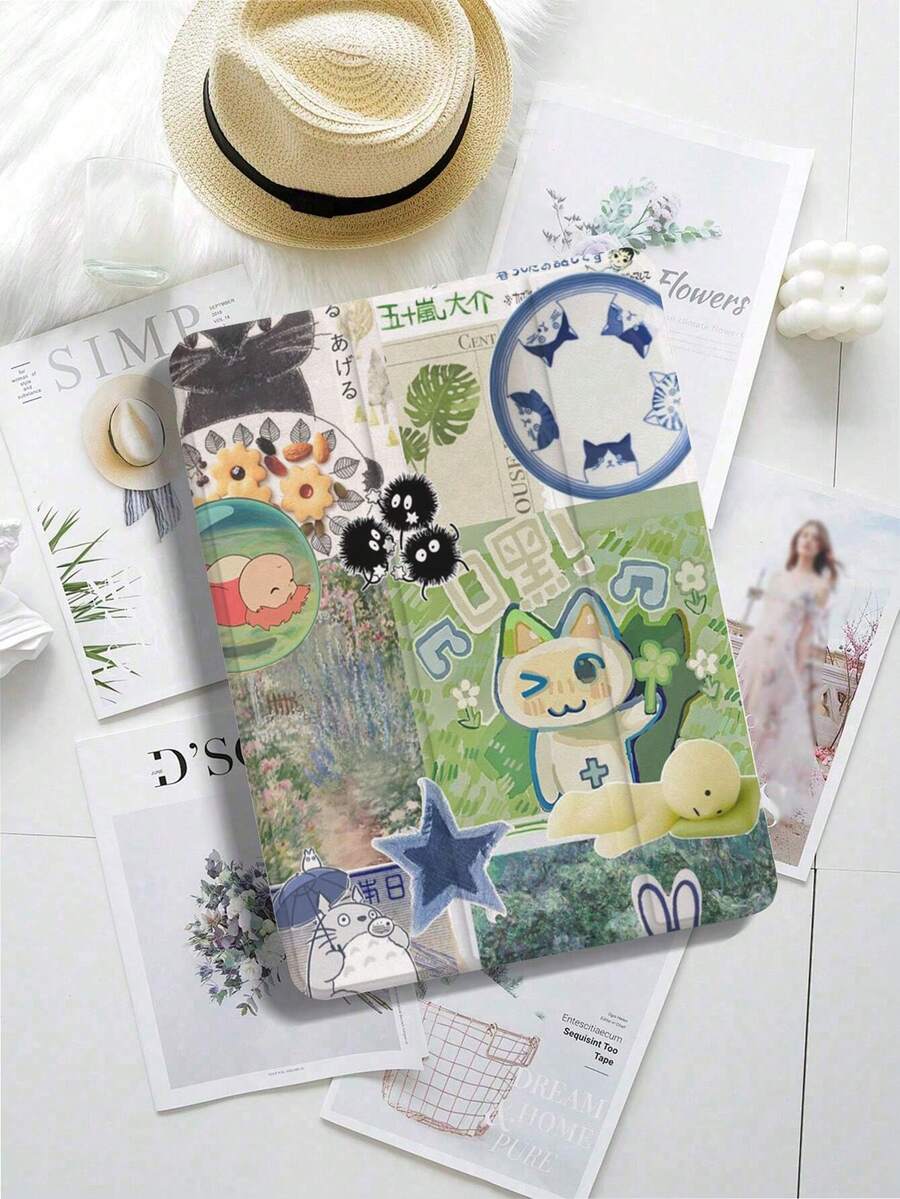 1 Pcs Cute Characters Nature Pattern Trifold Stand Tablet Case With Pencil Holder Tablet Case, Anti-Fall IPad Stand, Foldable Non-Slip Adjustable Stand, Flexible Hybrid Protective Case, Suitable For IPad Air 4/5 (10.9-Inch), IPad 7/8/9 (10.2-Inch) 5/6/Air 1/2 (9.7-Inch), Air 3 (10.5-Inch), Pro (11-Inch) 10th Generation, 12.9-Inch, 13-Inch Tablet Case,  S6/A7/A8/A9/S7/S8/S9/S10/S9FE Tablet Case - Nhiều màu - Xem 1