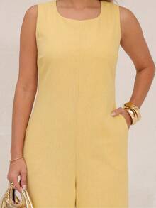 Elegant Linen Wide Leg Jumpsuit With Discreet Pockets - Yellow - View 5