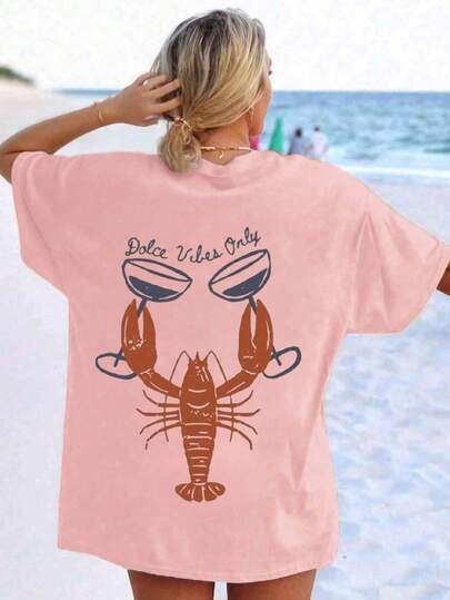 Lobster Illustration Of Sea Salt Soda Flavor, Plus Size Women's Casual Loose Plus Size Round Neck Short Sleeve T-Shirt, Summer Beach Outfits