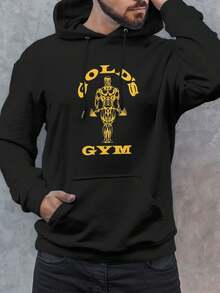 Men's Golds Gym Print Hoodie -  Pocket, Long Sleeve, Hooded, Loose Fit, Casual, Autumn Winter Wear, Perfect Gift For Him - 黑色 - 查看 1