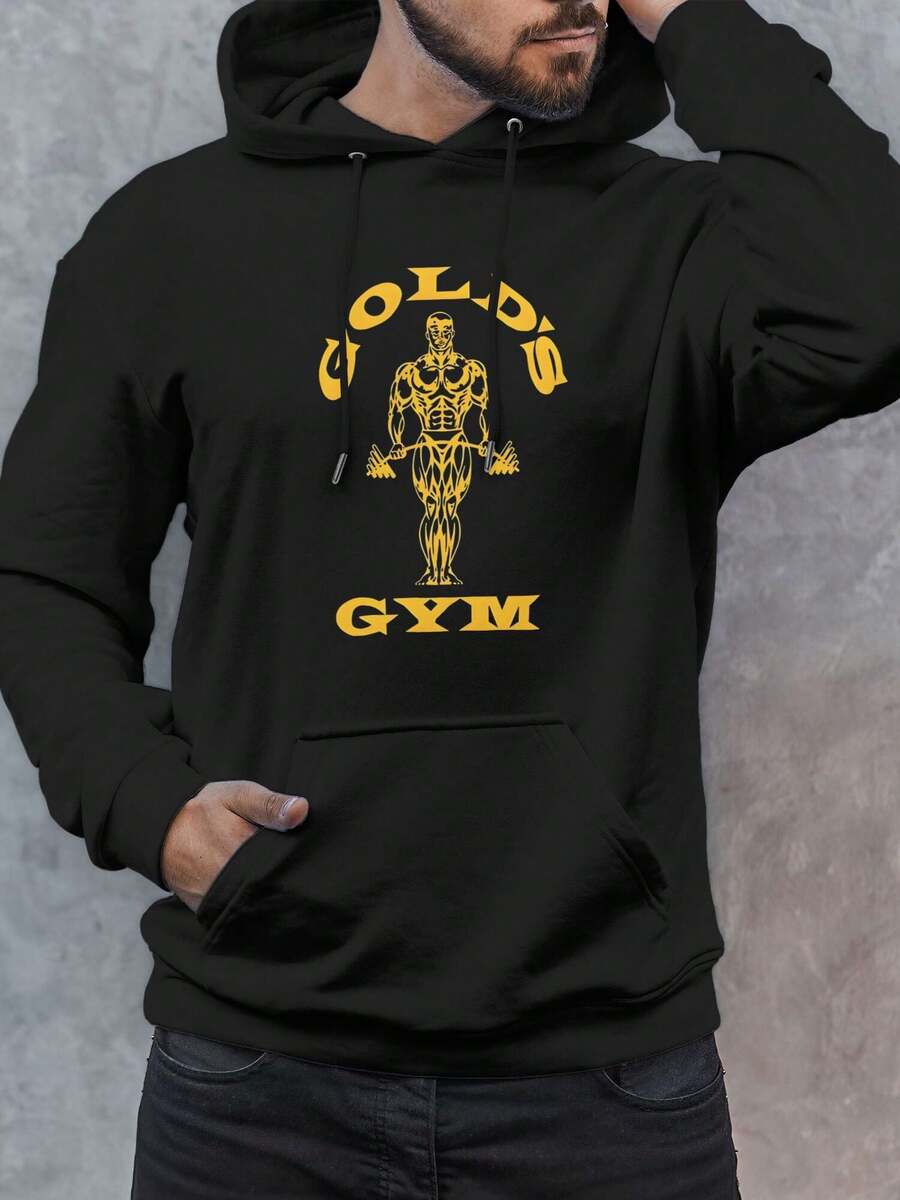 Men's Golds Gym Print Hoodie -  Pocket, Long Sleeve, Hooded, Loose Fit, Casual, Autumn Winter Wear, Perfect Gift For Him - 黑色 - 查看 1