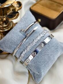 4pcs Luxury Stainless Steel Rhinestone Clover & Star Bangle Bracelet Set, Vintage Elegant Jewelry Suit For Women, Suitable For Daily Wear, Gift, Party, Fashionable Christmas Present - Gold - View 12