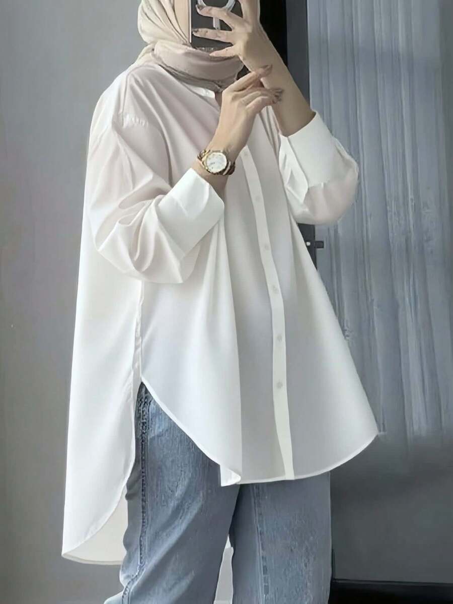 Women Modest Long Sleeve Plaid Shirt Collar Button Front Regular Top In Woven Fabric - White - View 1