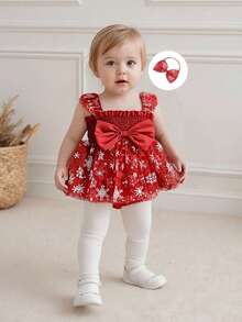 Newborn Baby Girl Christmas Outfit, 1st Christmas Dress Sleeveless Stars Bows Tulle Patchwork Romper Dress With Hairband - 白色 - 查看 4